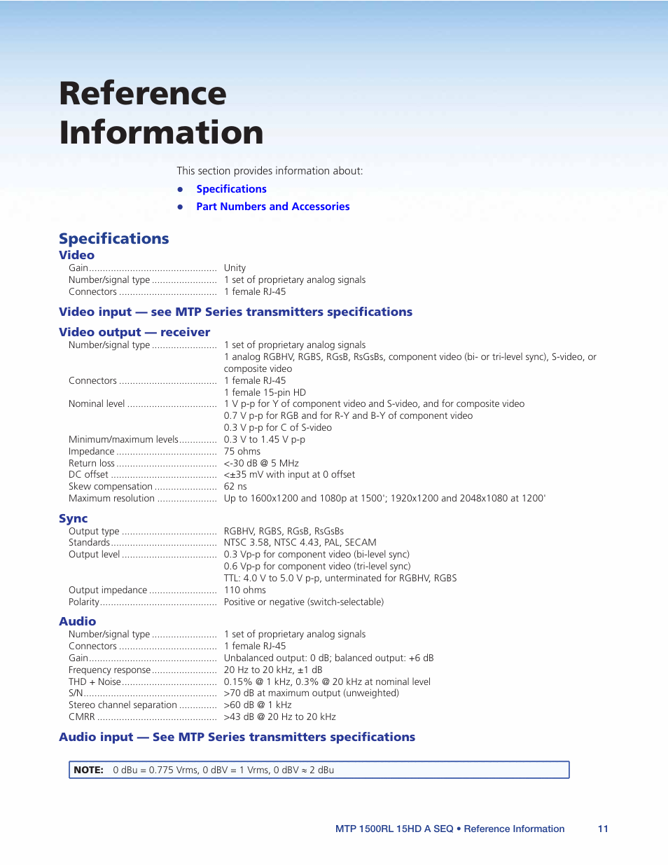 Reference information, Specifications | Extron Electronics MTP 1500RL 15HD A SEQ User Guide User Manual | Page 17 / 22