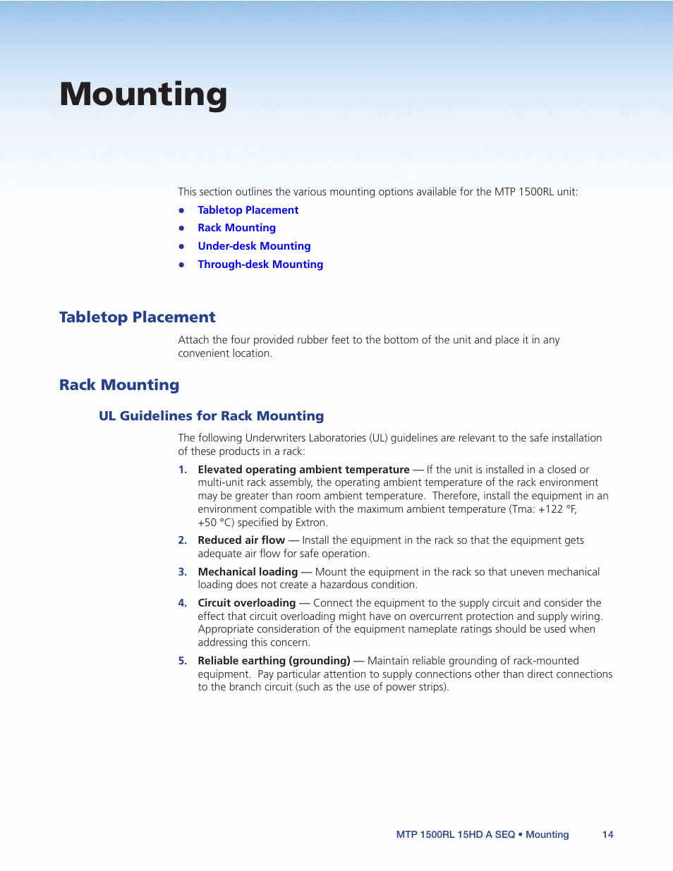 Mounting, Tabletop placement, Rack mounting | Ul guidelines for rack mounting, Tabletop placement rack mounting | Extron Electronics MTP 1500RL 15HD A SEQ User Guide User Manual | Page 20 / 22