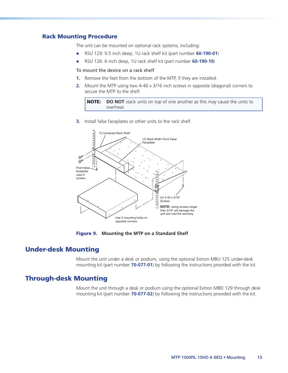 Rack mounting procedure, Under-desk mounting, Through-desk mounting | Under-desk mounting through-desk mounting | Extron Electronics MTP 1500RL 15HD A SEQ User Guide User Manual | Page 21 / 22