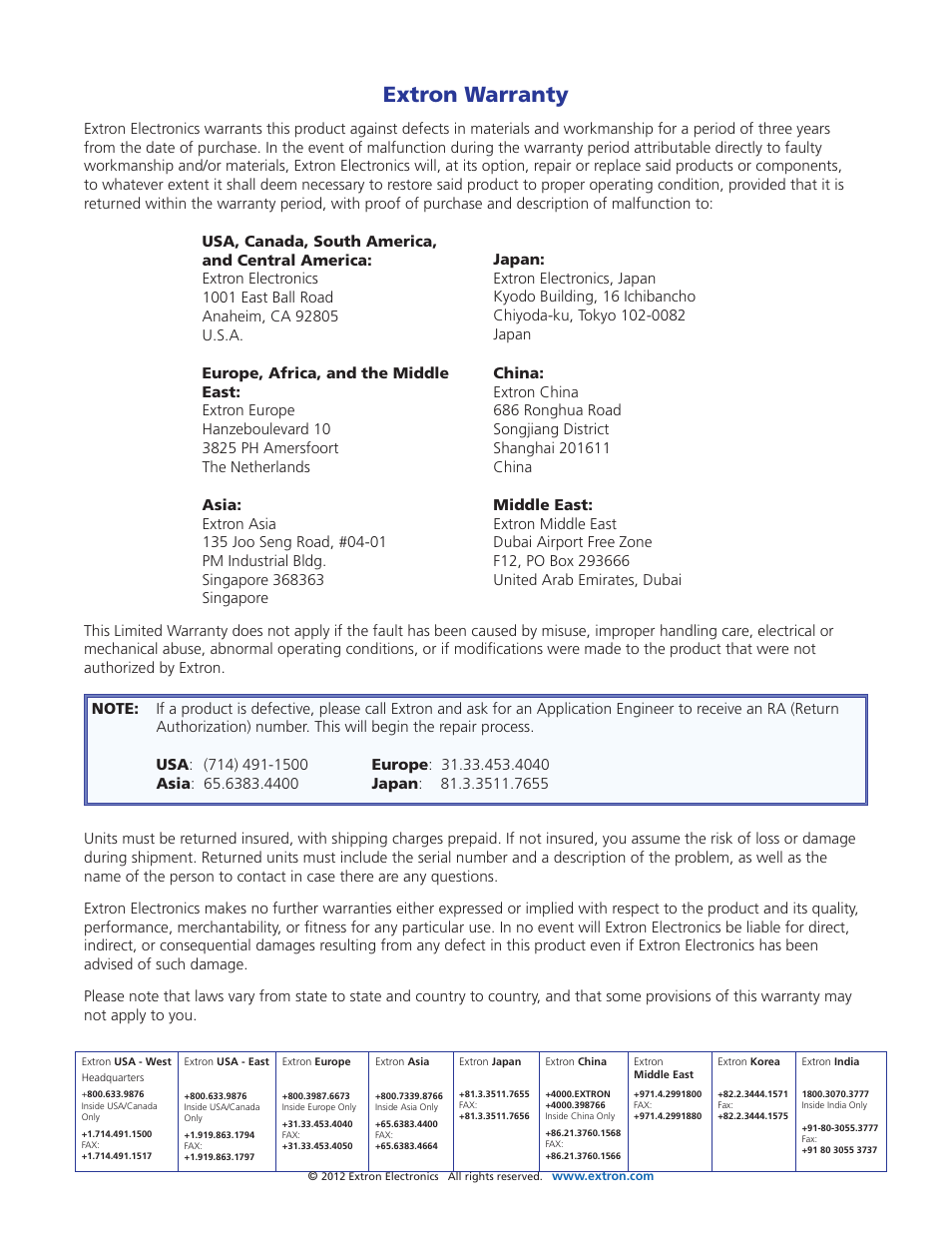Warranty, Contact information, Extron warranty | Extron Electronics MTP 1500RL 15HD A SEQ User Guide User Manual | Page 22 / 22
