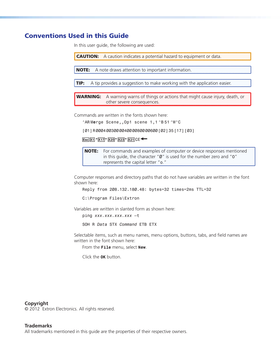 Convention used, Conventions used in this guide | Extron Electronics MTP 1500RL 15HD A SEQ User Guide User Manual | Page 4 / 22