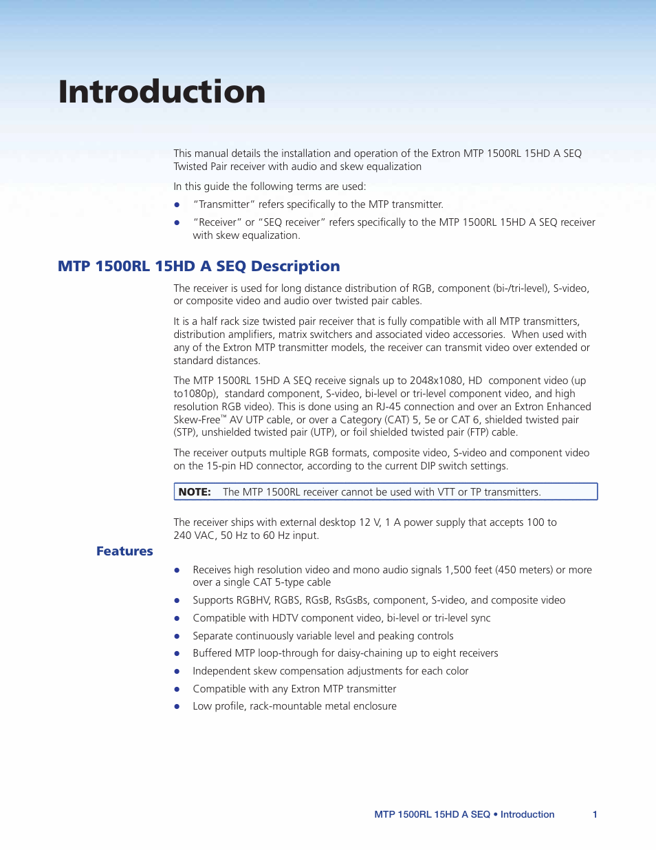 Introduction, Mtp 1500rl 15hd a seq description, Features | Extron Electronics MTP 1500RL 15HD A SEQ User Guide User Manual | Page 7 / 22