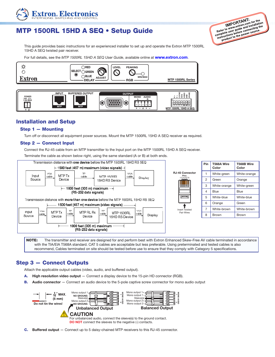 Extron Electronics MTP 1500RL 15HD A SEQ Setup Guide User Manual | 2 pages