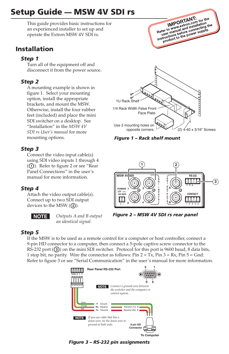 Extron Electronics MSW 4V SDI rs Setup Guide User Manual | 2 pages