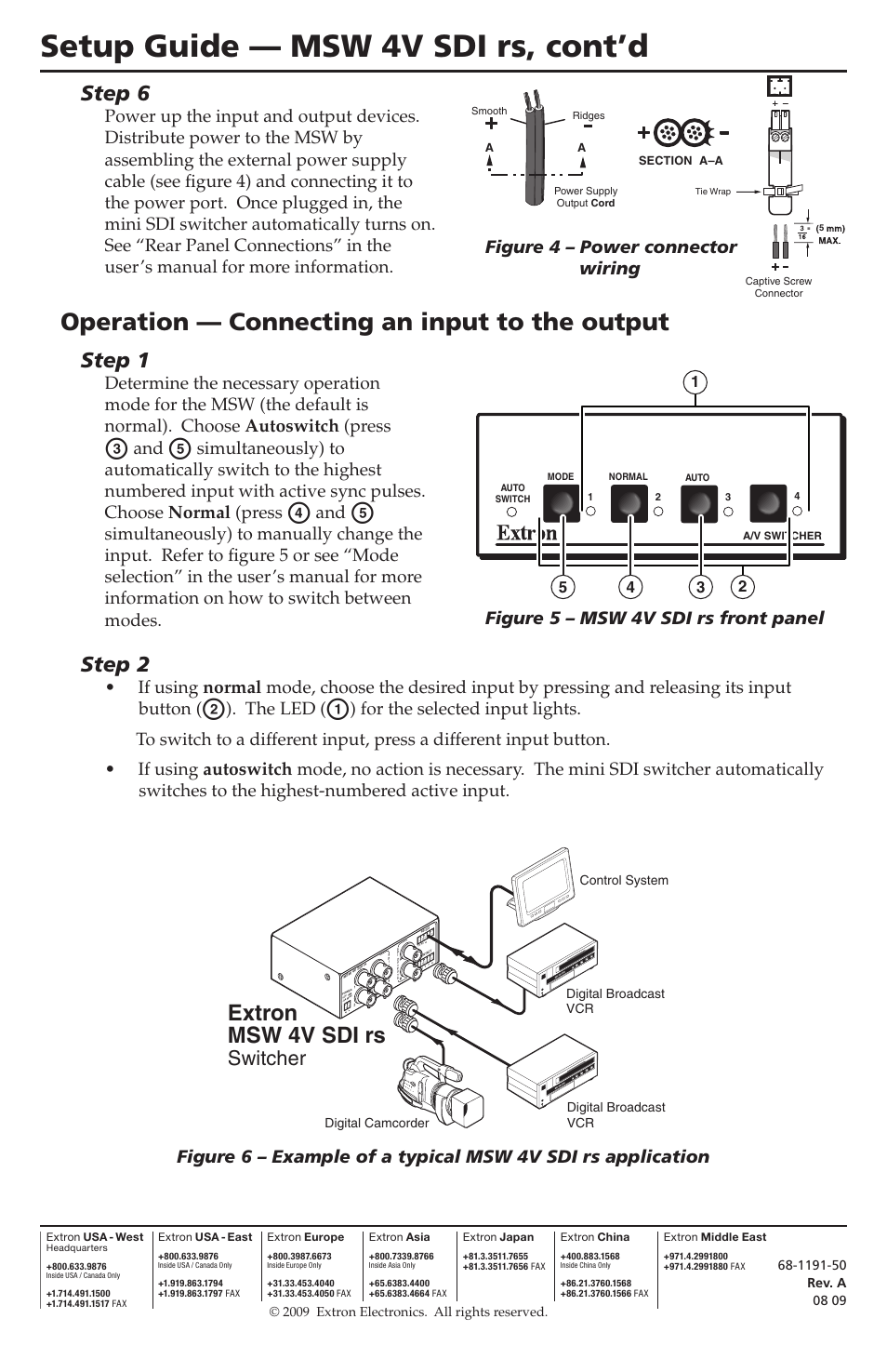Setup guide — msw 4v sdi rs, cont’d, Operation — connecting an input to the output, Extron msw 4v sdi rs | Step 6, Step 1, Step 2, Switcher, The led | Extron Electronics MSW 4V SDI rs Setup Guide User Manual | Page 2 / 2