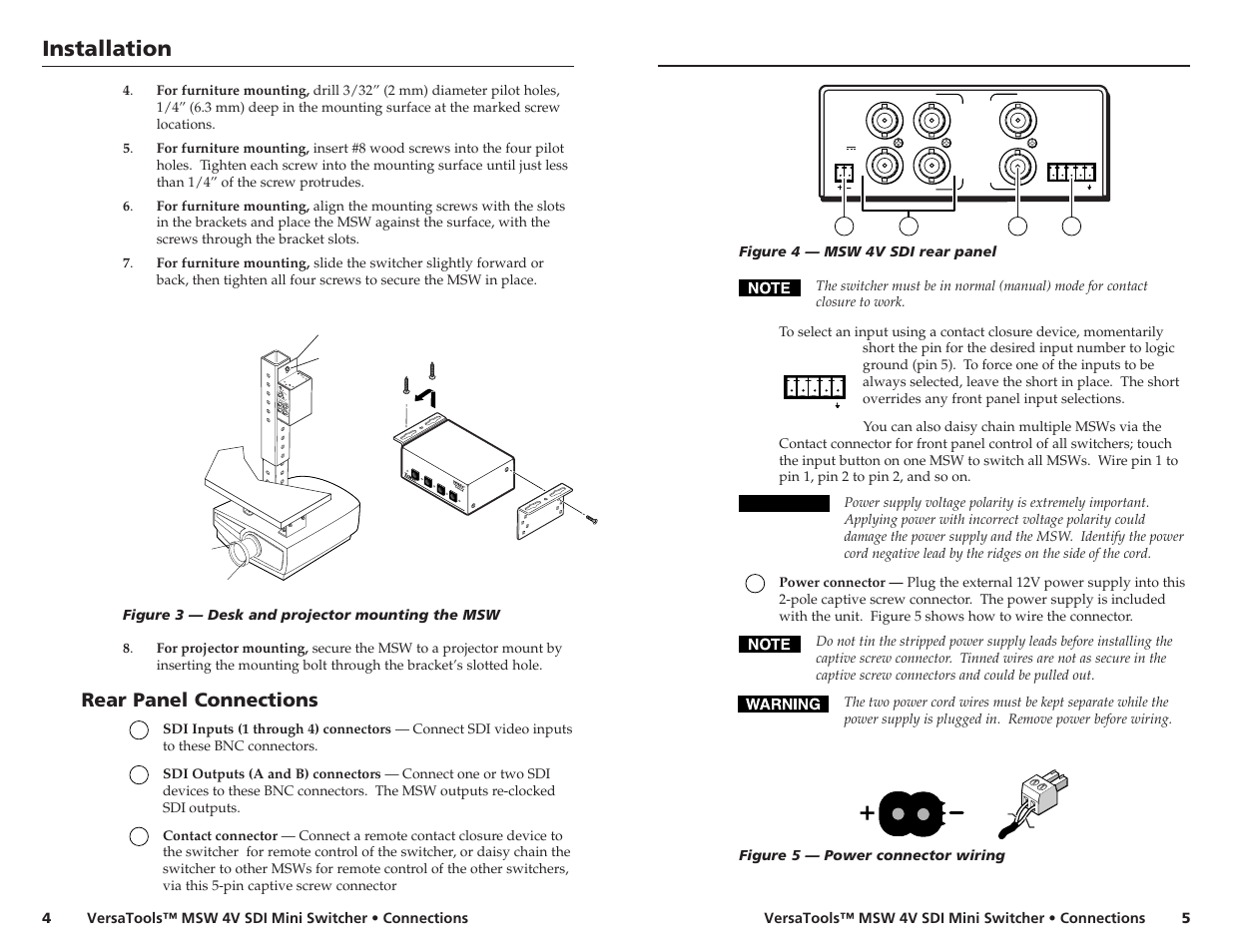 Installation, Rear panel connections | Extron Electronics MSW 4V SDI User Guide User Manual | Page 3 / 5