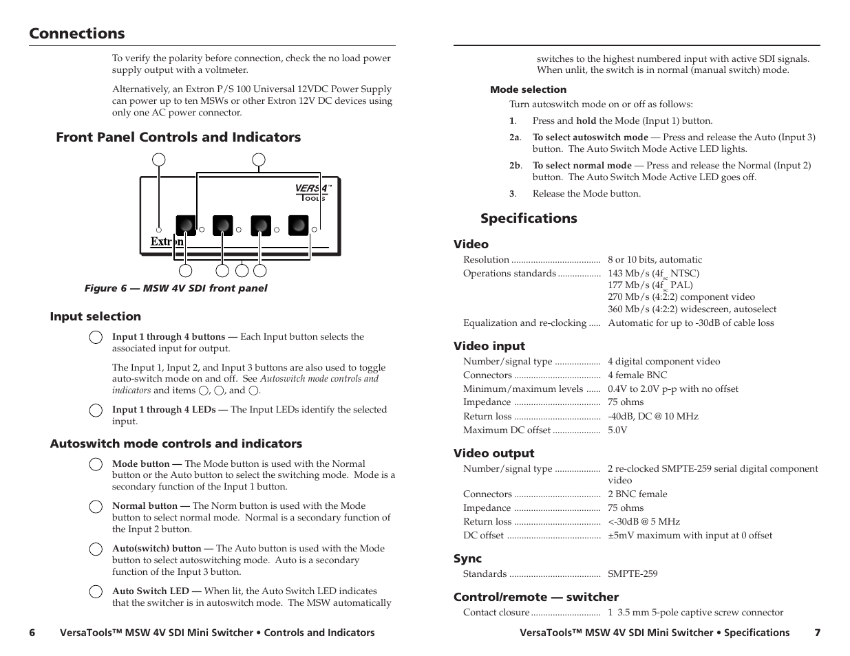 Connections, Front panel controls and indicators, Specifications | Extron Electronics MSW 4V SDI User Guide User Manual | Page 4 / 5