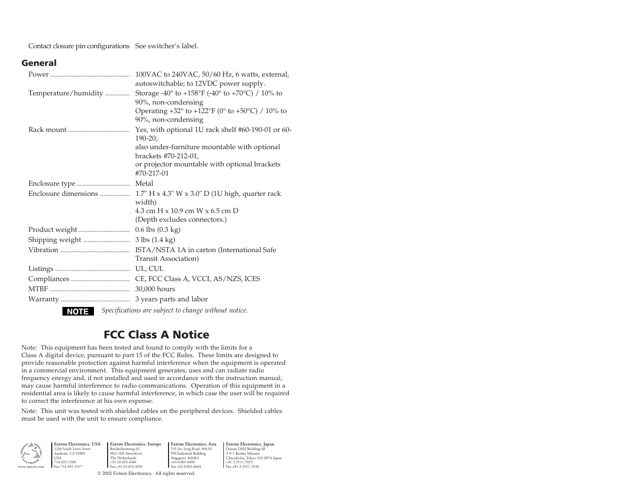 Fcc class a notice, General | Extron Electronics MSW 4V SDI User Guide User Manual | Page 5 / 5