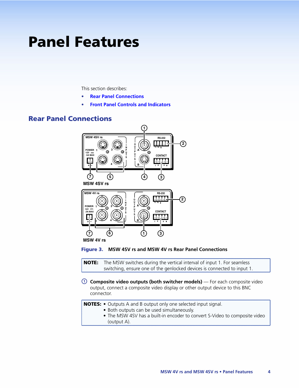 Panel features, Rear panel connections, Connect the | Composite, Msw 4sv rs msw 4v rs, Msw 4v rs and msw 4sv rs • panel features 4 | Extron Electronics MSW 4V rs User Guide User Manual | Page 10 / 30