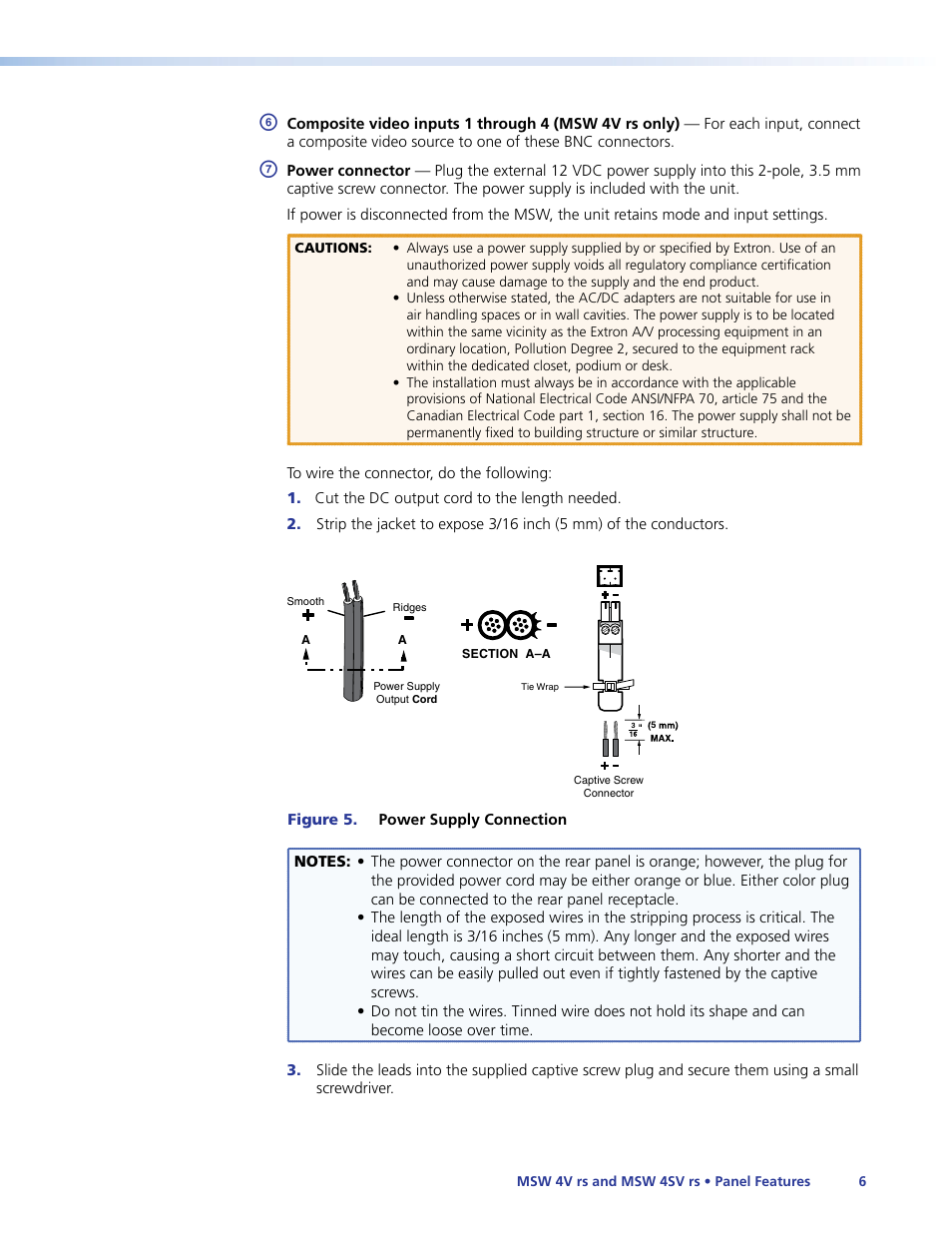 Connect the, Composite, Connect the power supply | Read the, Cautions | Extron Electronics MSW 4V rs User Guide User Manual | Page 12 / 30