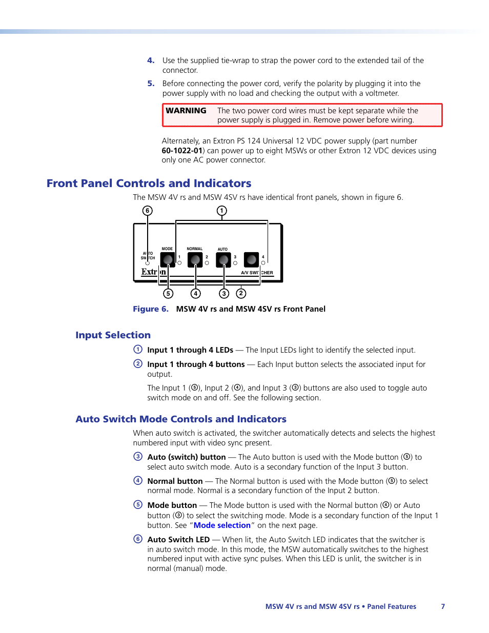 Front panel controls and indicators, Input selection, Auto switch mode controls and indicators | Mode selection, Set up the, Auto switching mode, Select an input channel | Extron Electronics MSW 4V rs User Guide User Manual | Page 13 / 30