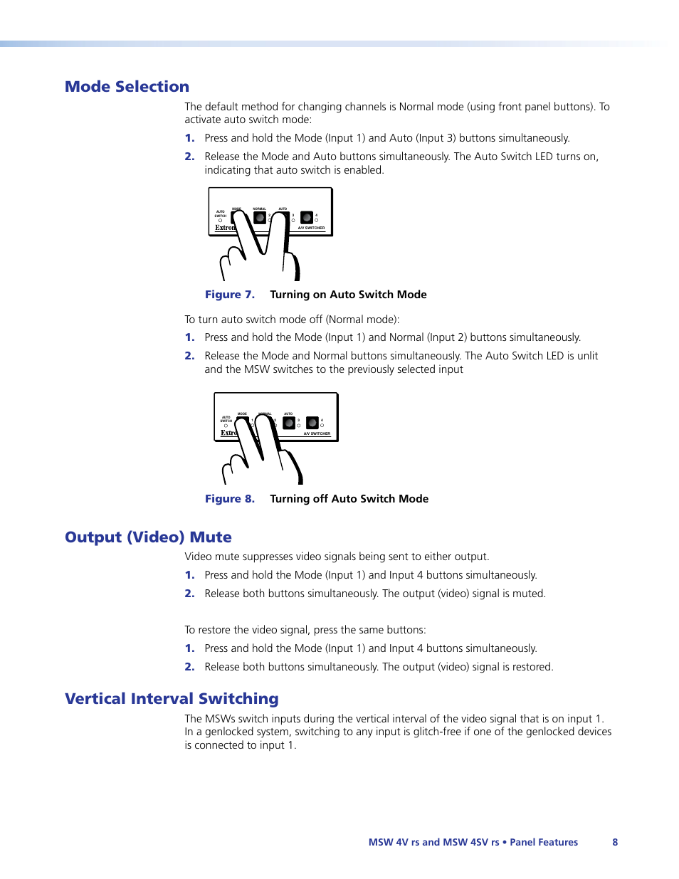 Output (video) mute, Vertical interval switching, Output (video) mute vertical interval switching | Video mute, Work (see, Mode selection, Figure 8. turning off auto switch mode | Extron Electronics MSW 4V rs User Guide User Manual | Page 14 / 30