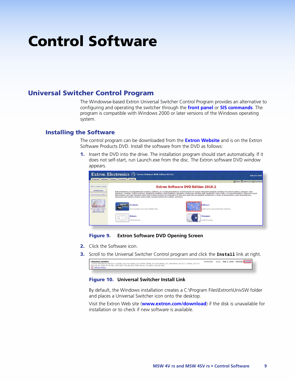 Control software, Universal switcher control program, Installing the software | Extron Electronics MSW 4V rs User Guide User Manual | Page 15 / 30