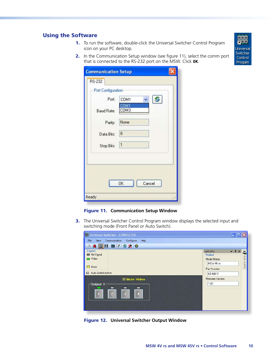 Using the software, Ont panel buttons, the, Universal switcher control program | Or by | Extron Electronics MSW 4V rs User Guide User Manual | Page 16 / 30