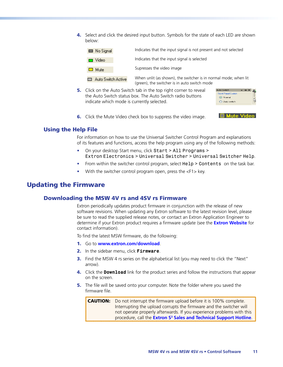 Using the help file, Updating the firmware, Downloading the msw 4v rs and 4sv rs firmware | Downloading the msw 4v rs and 4sv rs, Firmware | Extron Electronics MSW 4V rs User Guide User Manual | Page 17 / 30