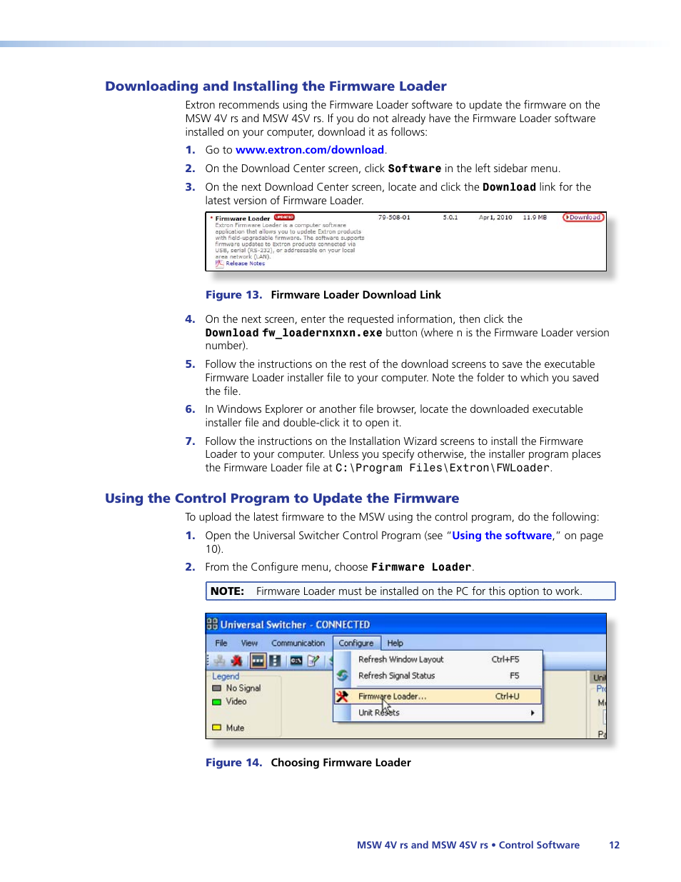 Downloading and installing the firmware loader, Using the control program to update the firmware, Downloading and installing the | Firmware loader, Using the control program to update the, Firmware | Extron Electronics MSW 4V rs User Guide User Manual | Page 18 / 30