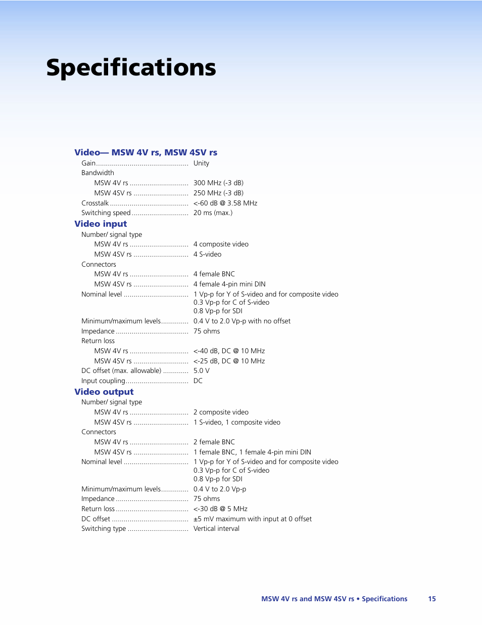 Specifications | Extron Electronics MSW 4V rs User Guide User Manual | Page 21 / 30