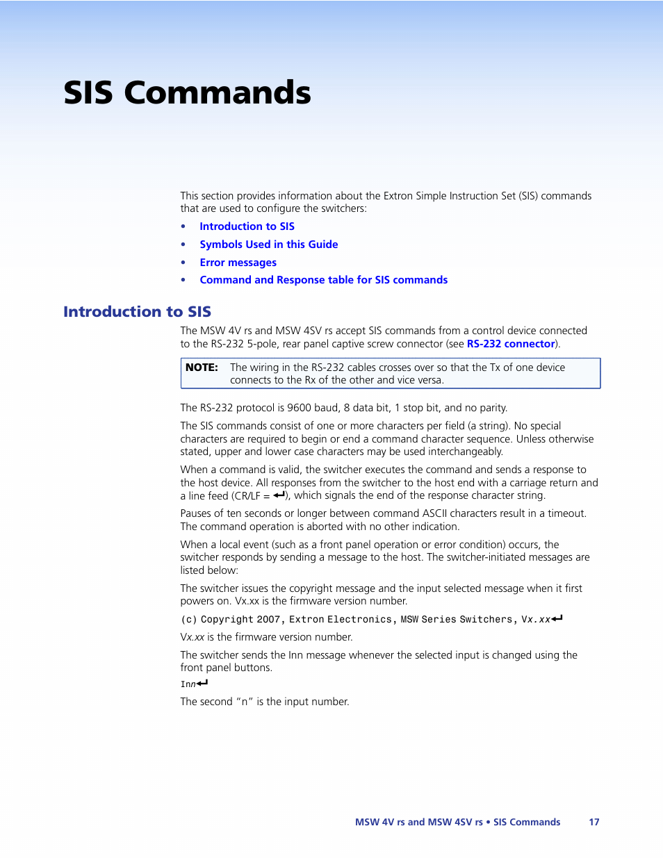 Sis commands, Introduction to sis | Extron Electronics MSW 4V rs User Guide User Manual | Page 23 / 30