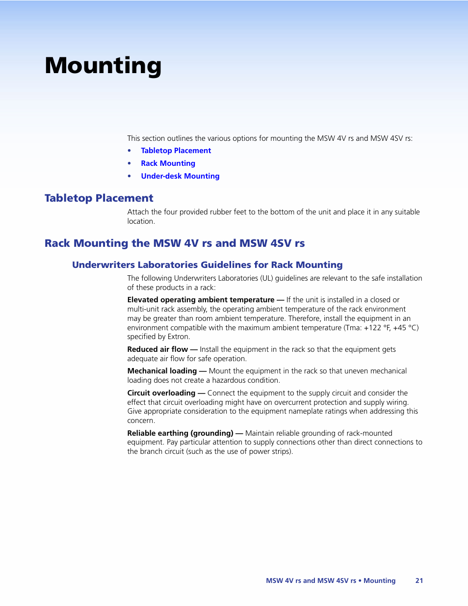 Mounting, Tabletop placement, Rack mounting the msw 4v rs and msw 4sv rs | Tabletop placement rack mounting the msw 4v rs and, Msw 4sv rs, Underwriters laboratories guidelines for, Rack mounting, Mount the switcher | Extron Electronics MSW 4V rs User Guide User Manual | Page 27 / 30