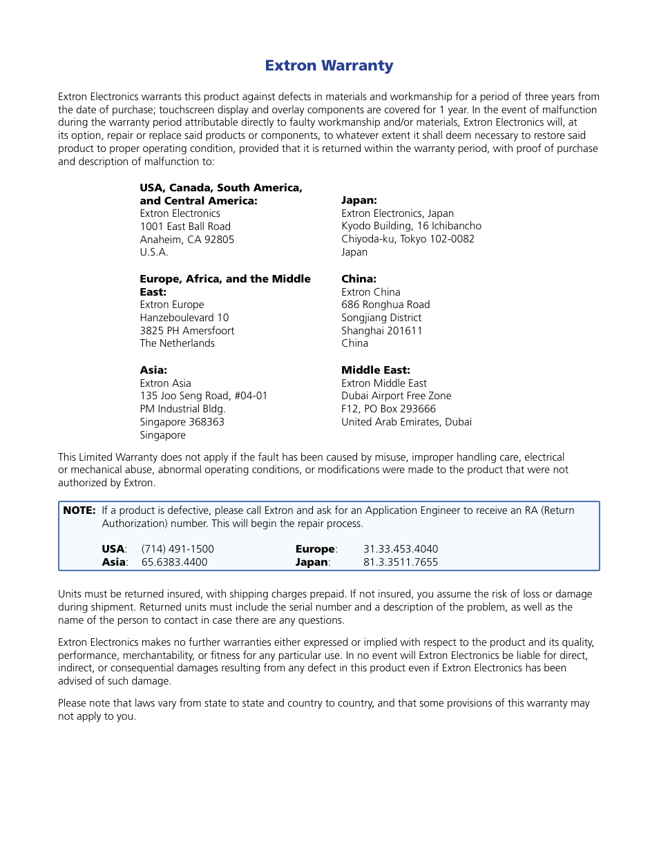 Extron warranty | Extron Electronics MSW 4V rs User Guide User Manual | Page 29 / 30