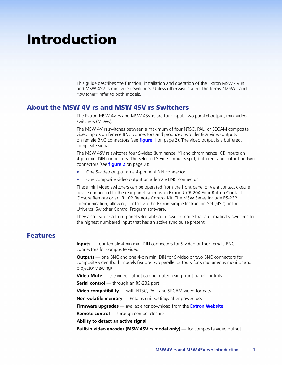 Introduction, About the msw 4v rs and msw 4sv rs switchers, Features | About the msw 4v rs and msw 4sv rs, Switchers | Extron Electronics MSW 4V rs User Guide User Manual | Page 7 / 30
