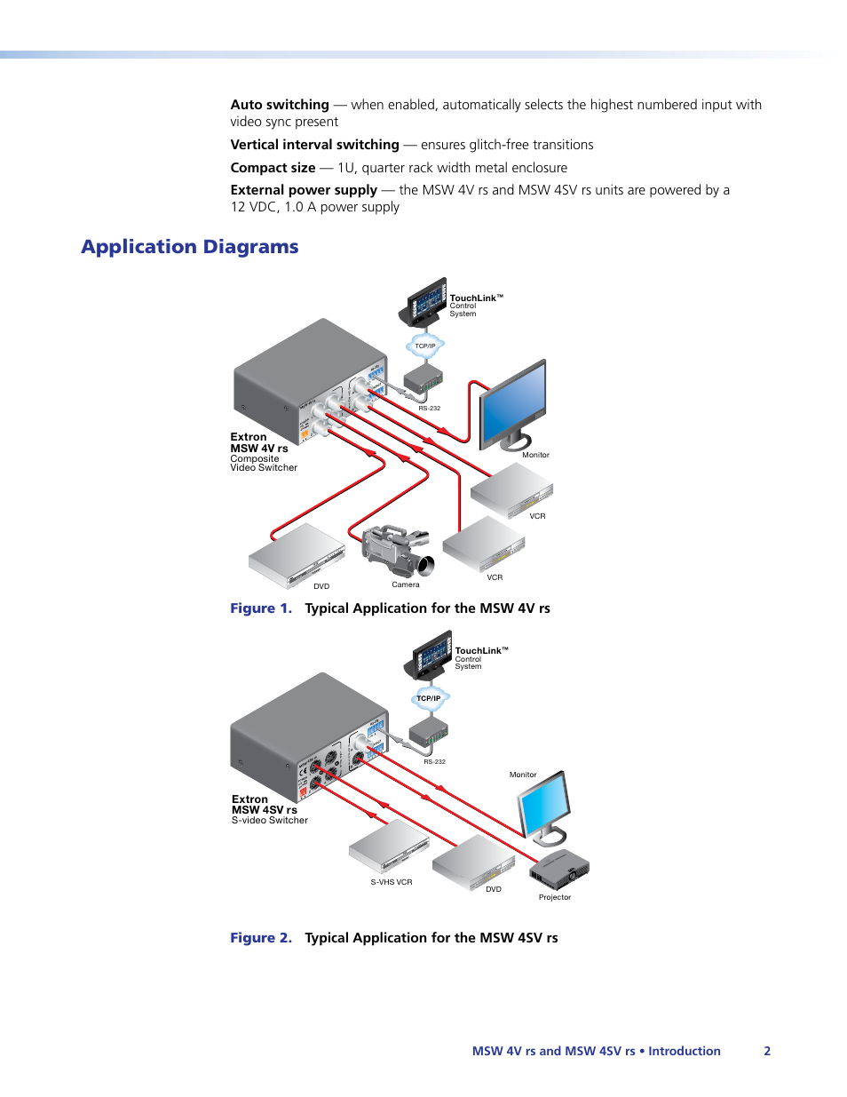 Application diagrams, Figure 1, Figure 2 | Figure 1. typical application for the msw 4v rs, Figure 2. typical application for the msw 4sv rs, Msw 4v rs and msw 4sv rs • introduction 2 | Extron Electronics MSW 4V rs User Guide User Manual | Page 8 / 30