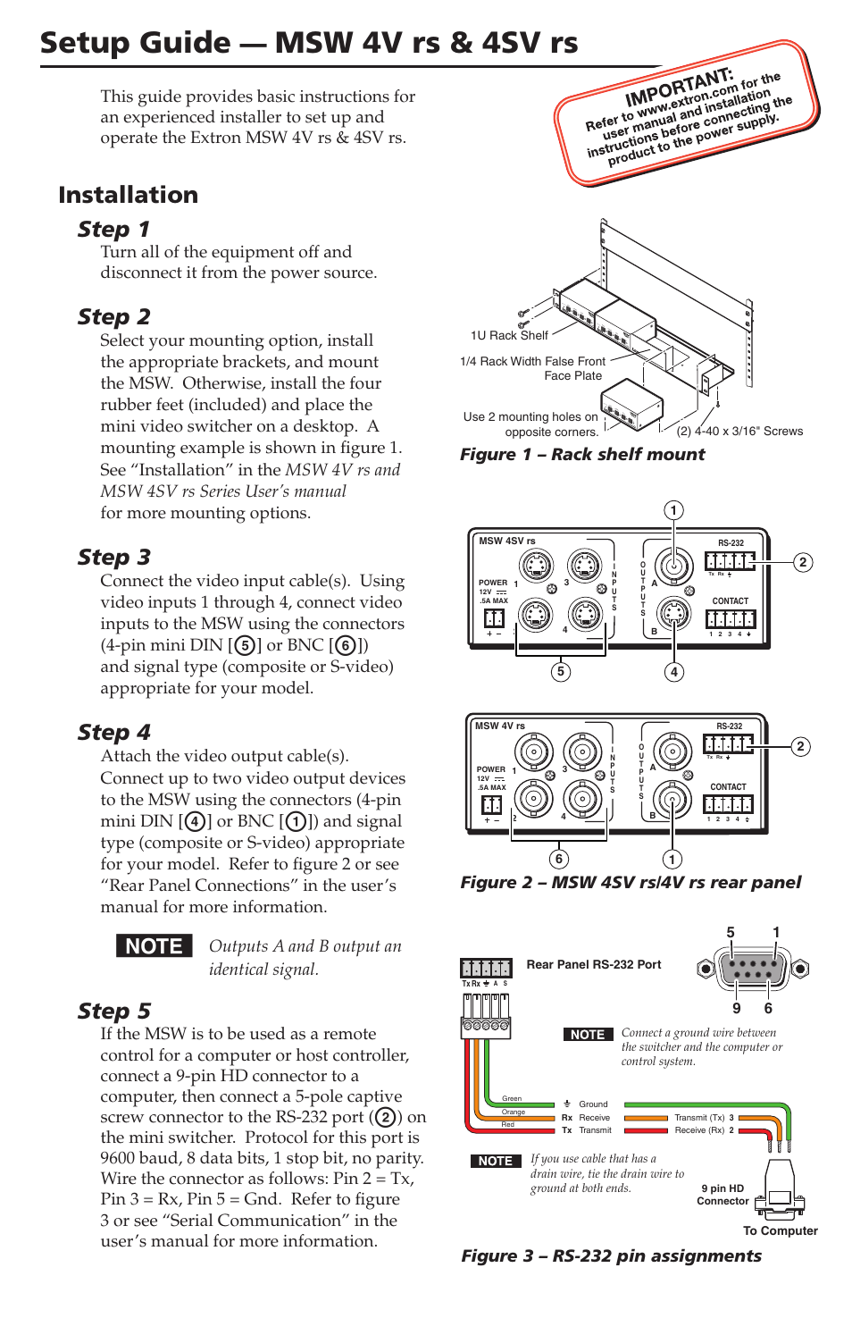 Extron Electronics MSW 4SV rs Setup Guide User Manual | 2 pages