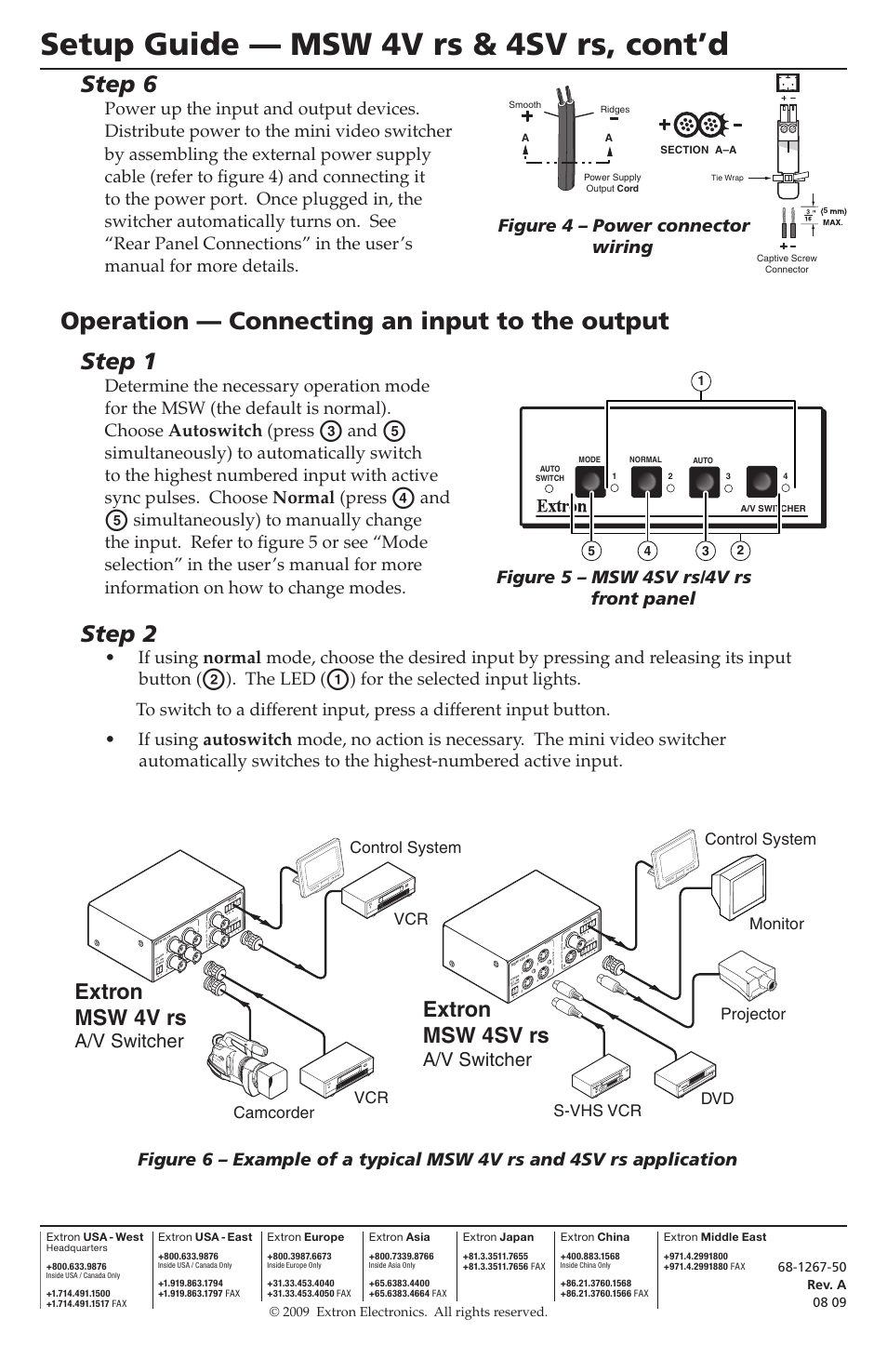 Setup guide — msw 4v rs & 4sv rs, cont’d, Operation — connecting an input to the output, Step 6 | Step 1, Step 2, Extron msw 4sv rs, Extron msw 4v rs, A/v switcher, The led, S-vhs vcr dvd projector monitor | Extron Electronics MSW 4SV rs Setup Guide User Manual | Page 2 / 2