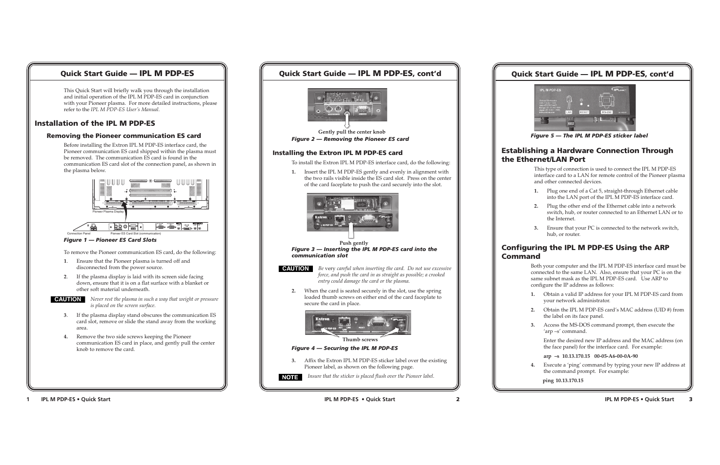 Ipl m pdp-es, Quick start guide, Cont’d quick start guide | Cont’d, Installation of the ipl m pdp-es, Configuring the ipl m pdp-es using the arp command | Extron Electronics IPL M PDP-ES User Manual | Page 2 / 2