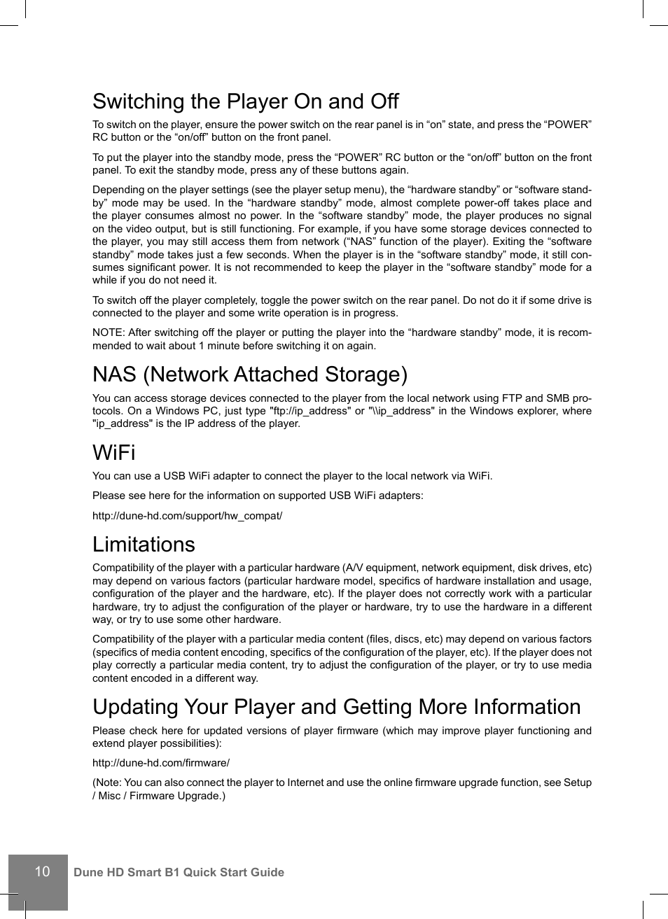 Switching the player on and off, Nas (network attached storage), Wifi | Limitations, Updating your player and getting more information | DUNE HD Smart B1 User Manual | Page 10 / 76