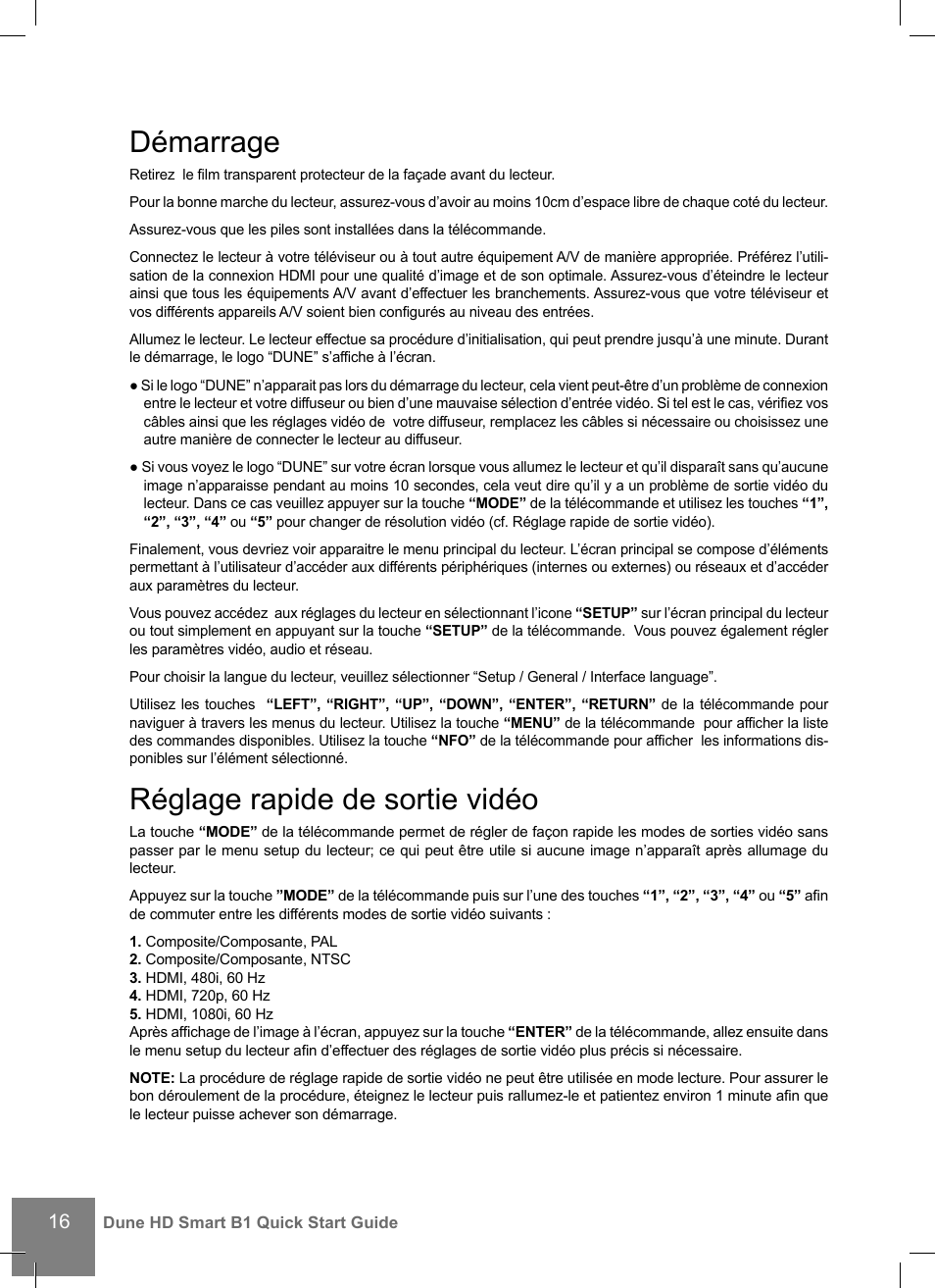 Démarrage, Réglage rapide de sortie vidéo | DUNE HD Smart B1 User Manual | Page 16 / 76