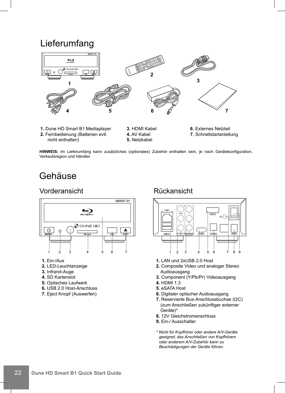 Lieferumfang, Gehäuse, Vorderansicht rückansicht | DUNE HD Smart B1 User Manual | Page 22 / 76