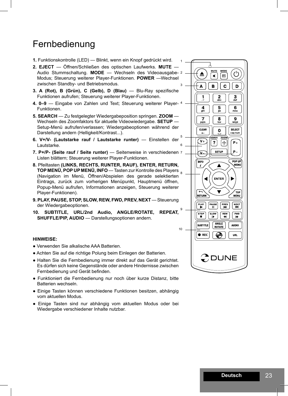 Fernbedienung | DUNE HD Smart B1 User Manual | Page 23 / 76