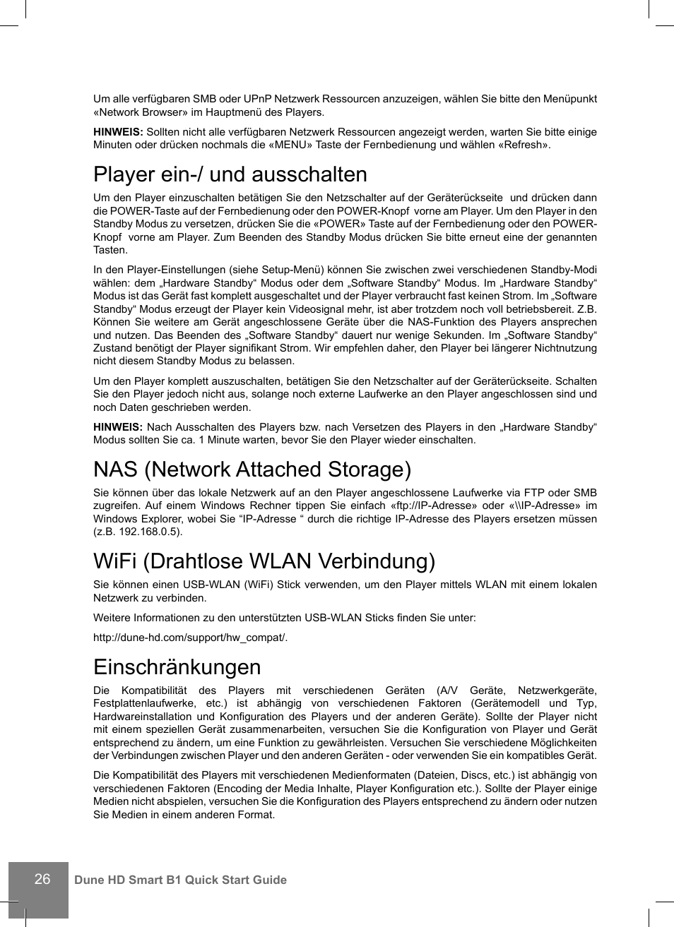 Player ein-/ und ausschalten, Nas (network attached storage), Wifi (drahtlose wlan verbindung) | Einschränkungen | DUNE HD Smart B1 User Manual | Page 26 / 76