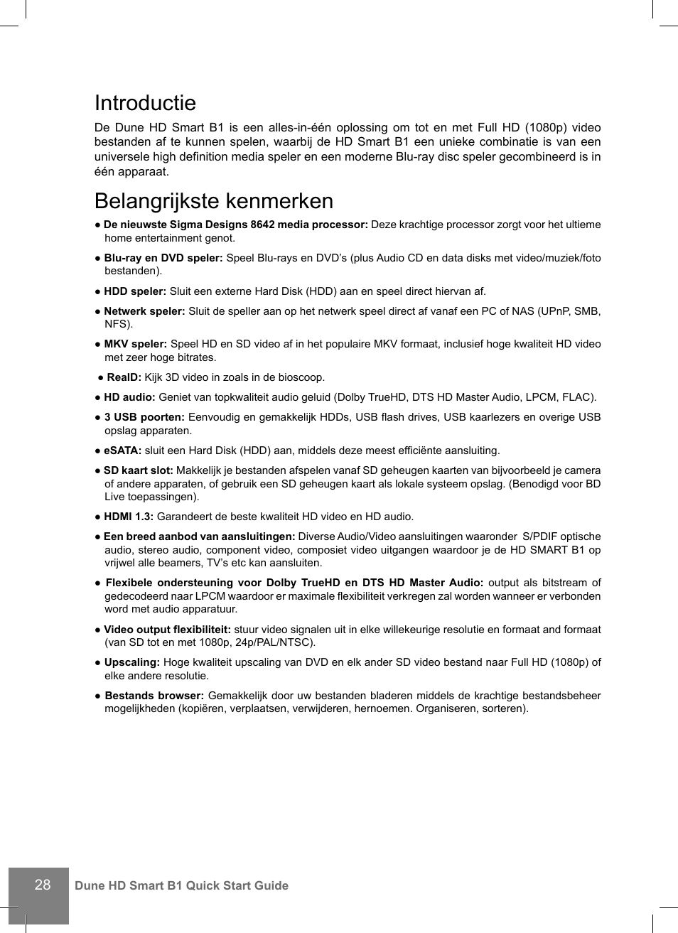 Introductie, Belangrijkste kenmerken | DUNE HD Smart B1 User Manual | Page 28 / 76