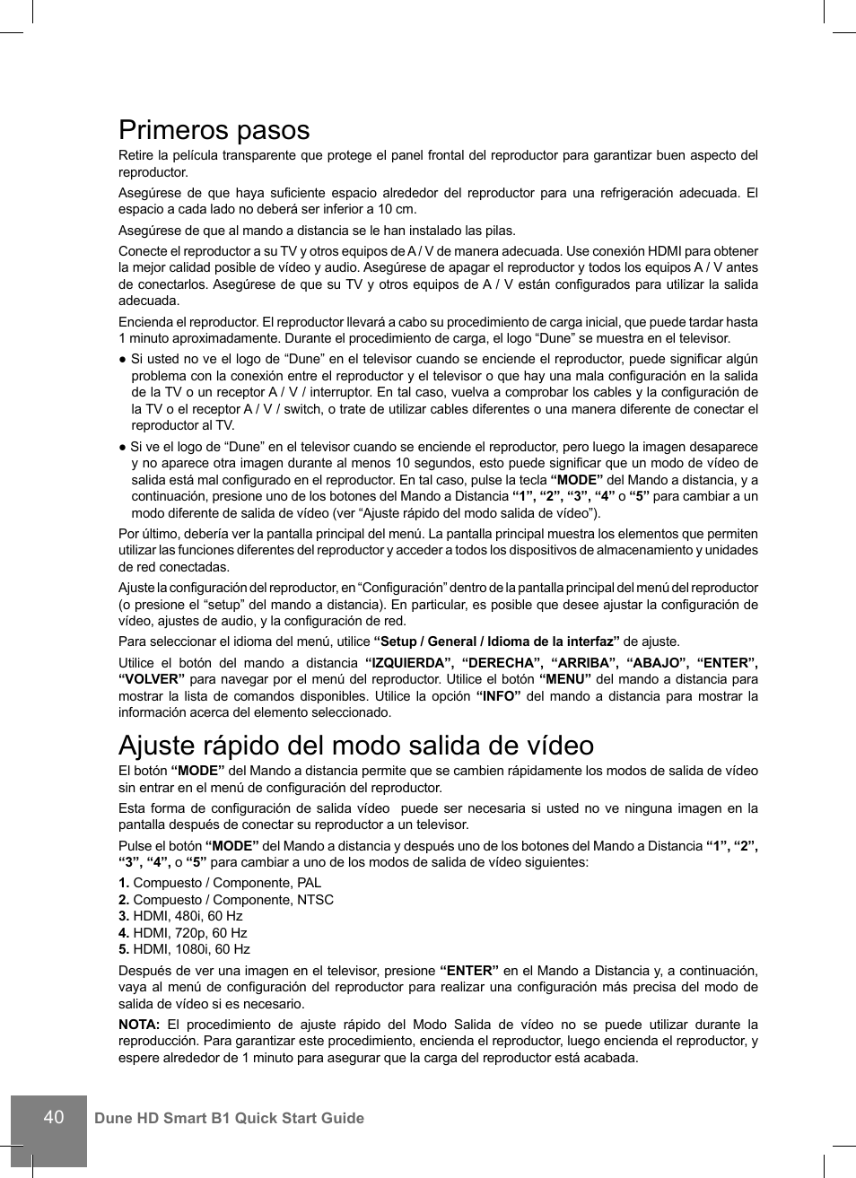 Primeros pasos, Ajuste rápido del modo salida de vídeo | DUNE HD Smart B1 User Manual | Page 40 / 76