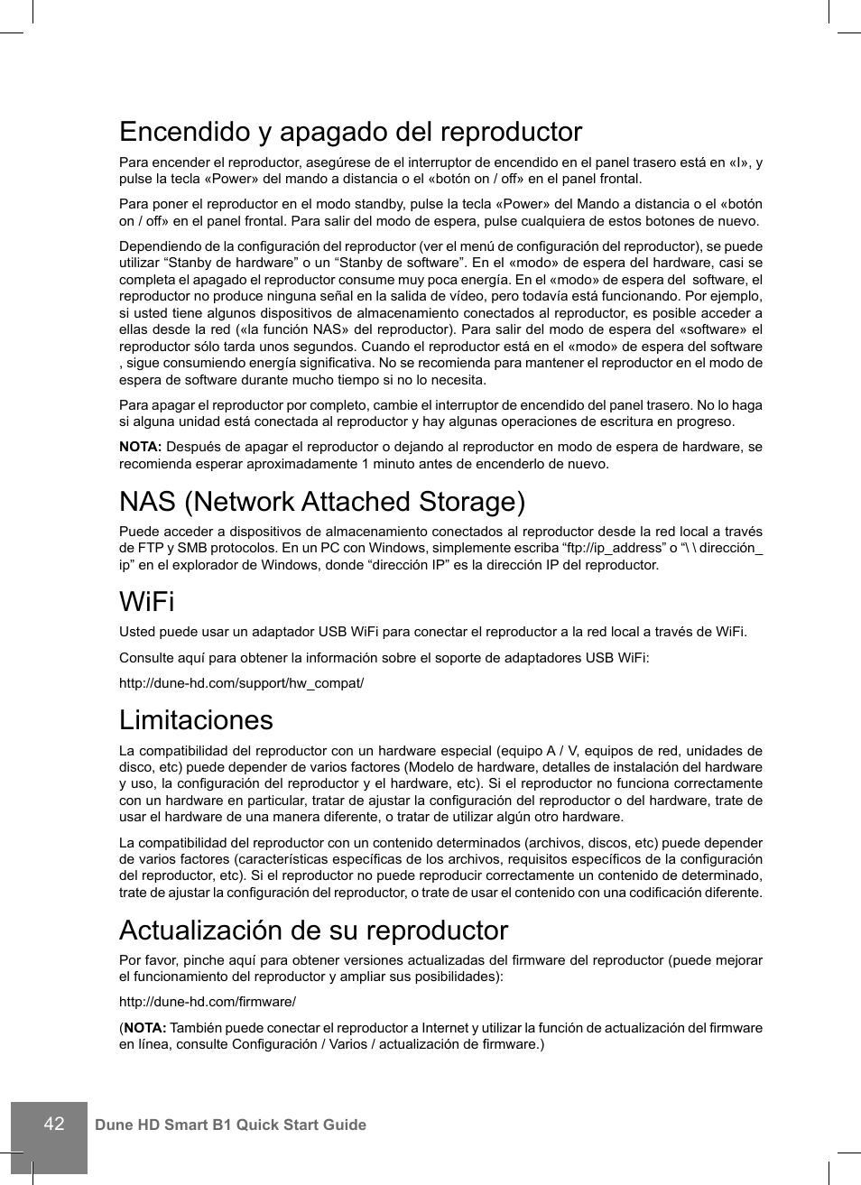 Encendido y apagado del reproductor, Nas (network attached storage), Wifi | Limitaciones, Actualización de su reproductor | DUNE HD Smart B1 User Manual | Page 42 / 76