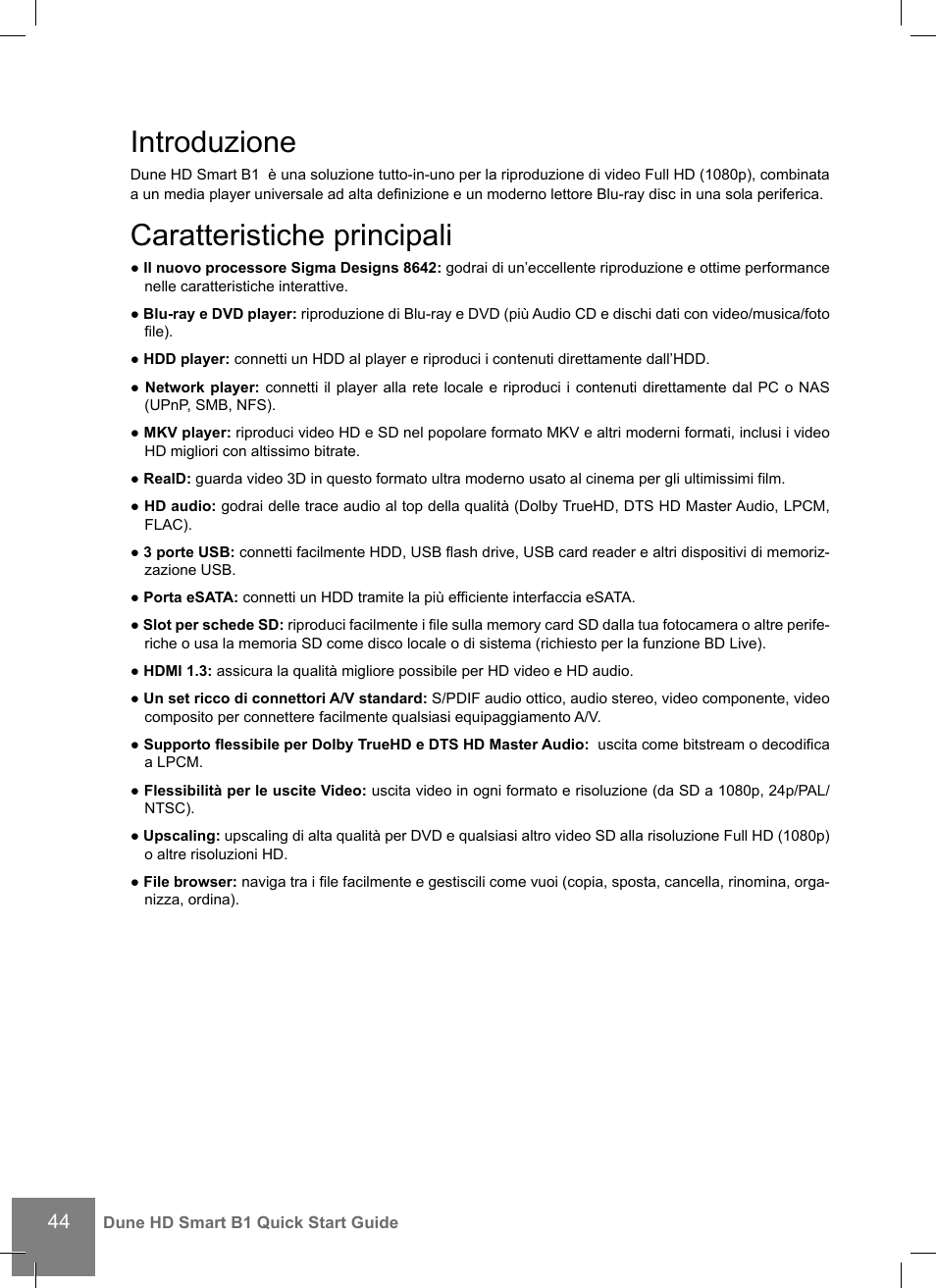 Introduzione, Caratteristiche principali | DUNE HD Smart B1 User Manual | Page 44 / 76