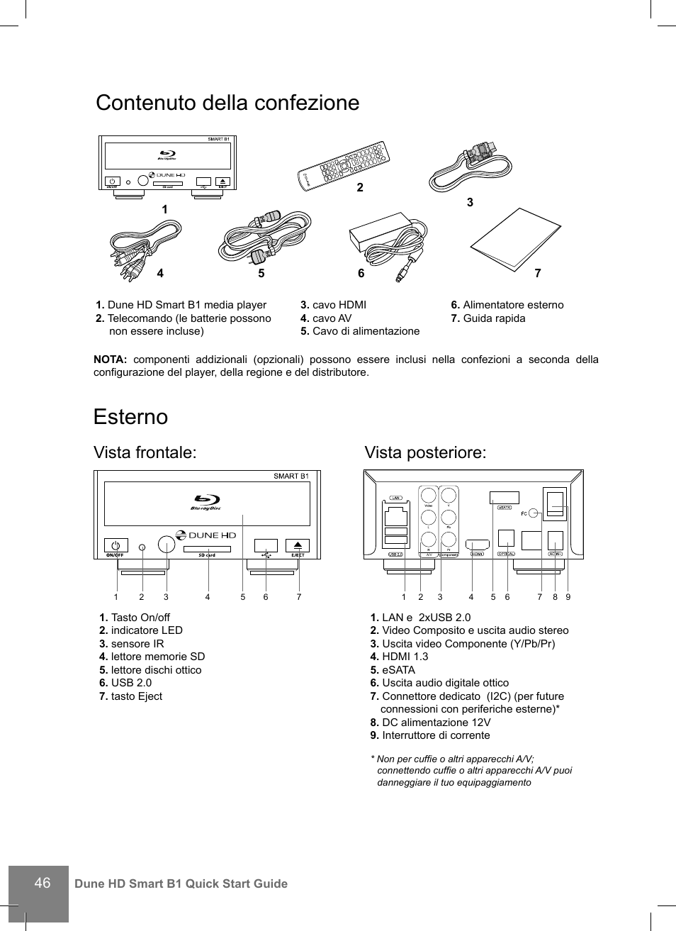 Contenuto della confezione, Esterno, Vista frontale: vista posteriore | DUNE HD Smart B1 User Manual | Page 46 / 76