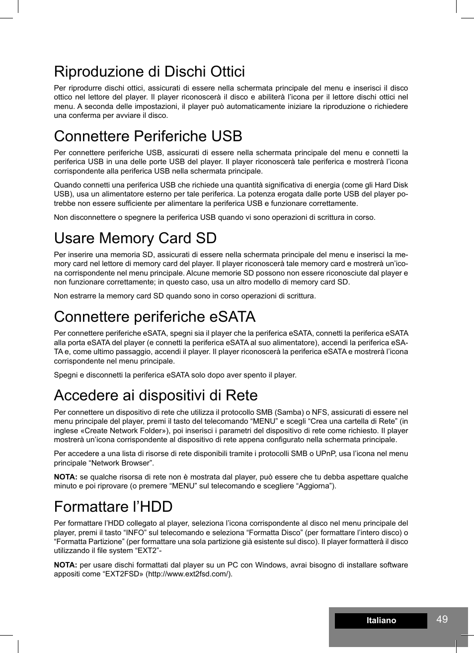 Riproduzione di dischi ottici, Connettere periferiche usb, Connettere periferiche esata | Accedere ai dispositivi di rete, Formattare l’hdd | DUNE HD Smart B1 User Manual | Page 49 / 76