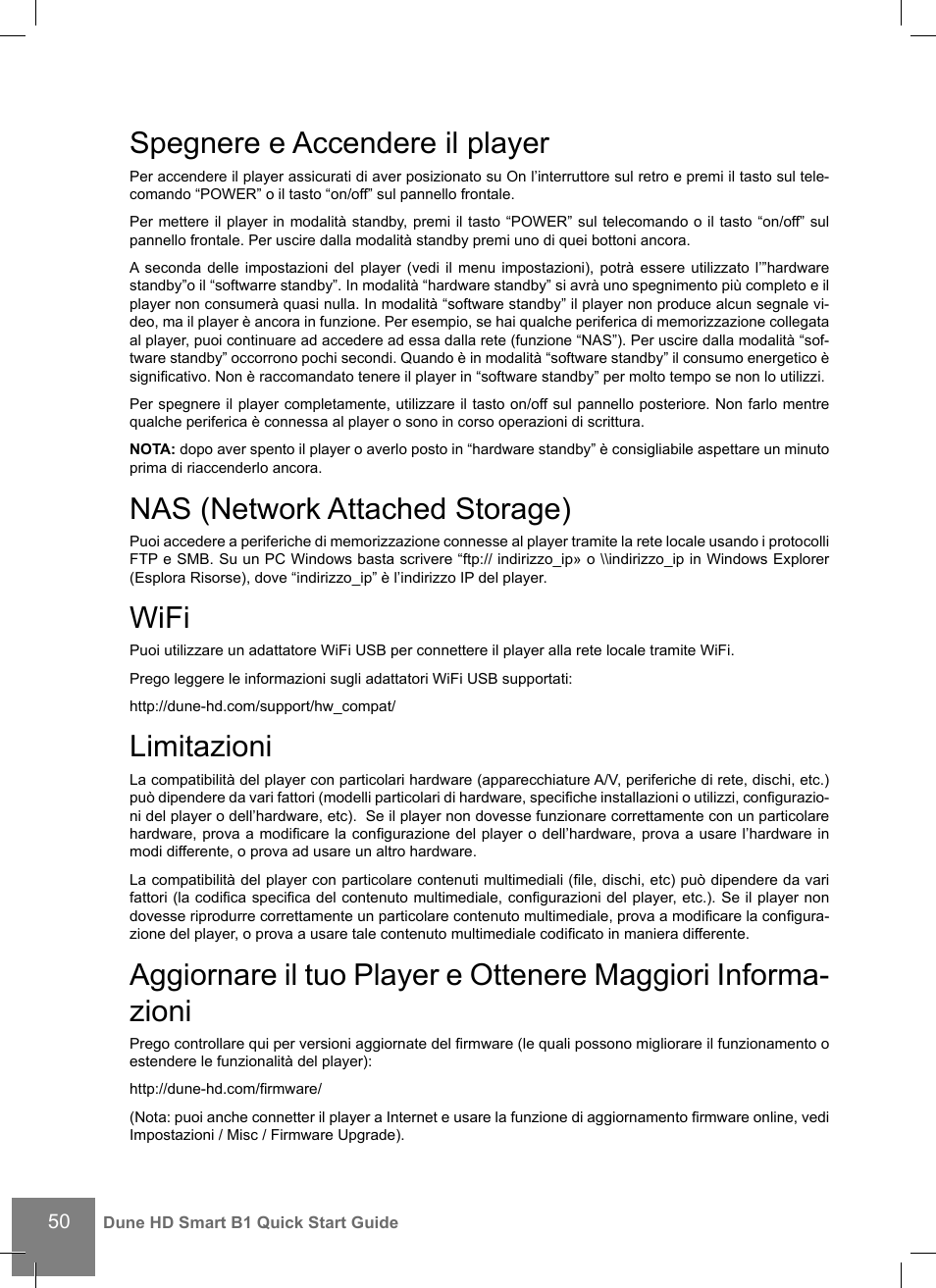Spegnere e accendere il player, Nas (network attached storage), Wifi | Limitazioni | DUNE HD Smart B1 User Manual | Page 50 / 76