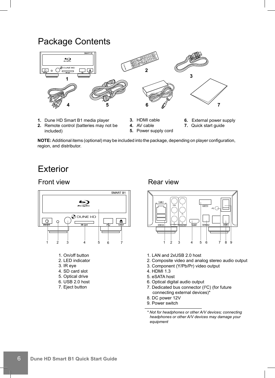 Package contents, Exterior, Front view | Rear view | DUNE HD Smart B1 User Manual | Page 6 / 76