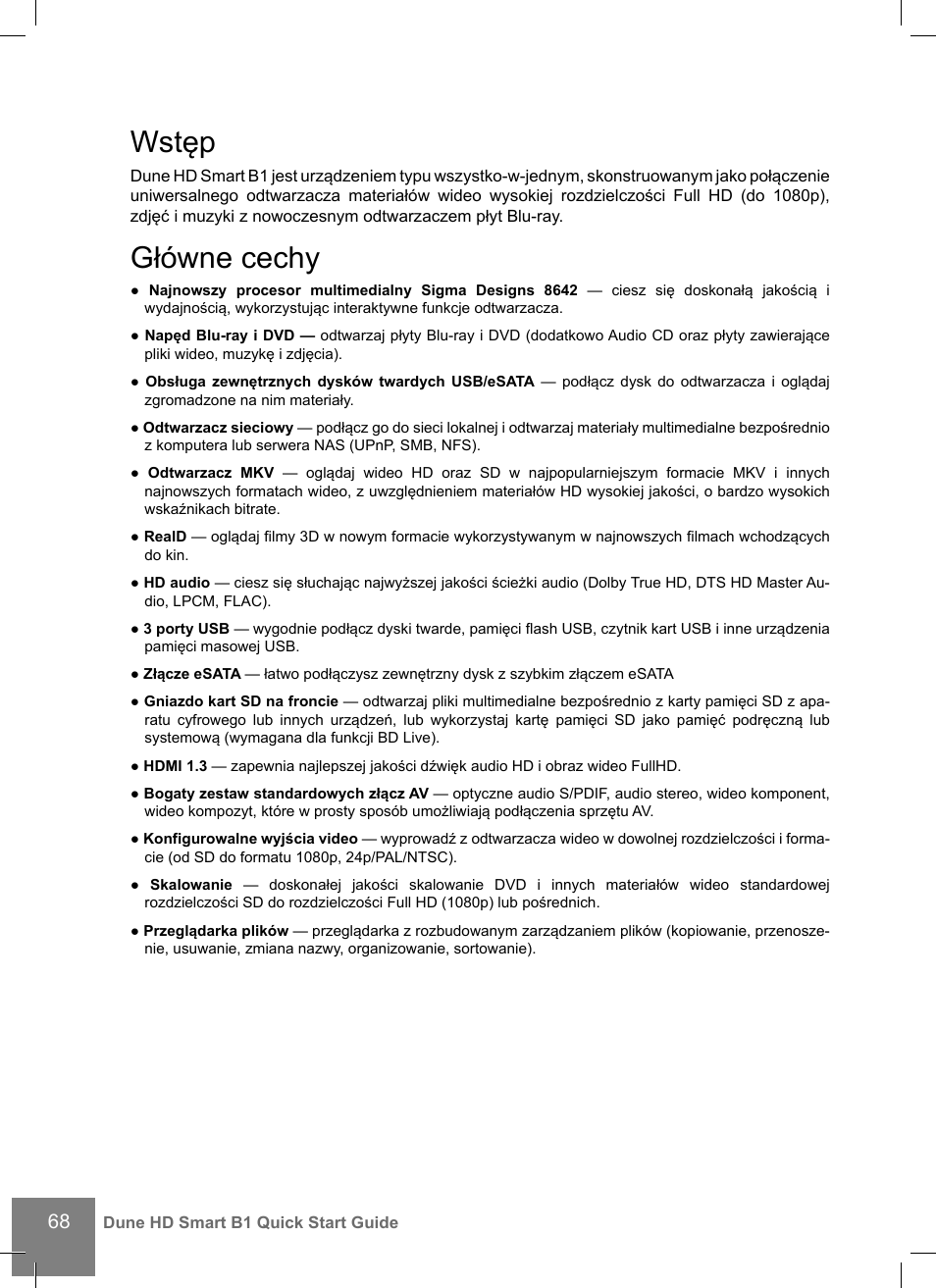 Wstęp, Główne cechy | DUNE HD Smart B1 User Manual | Page 68 / 76