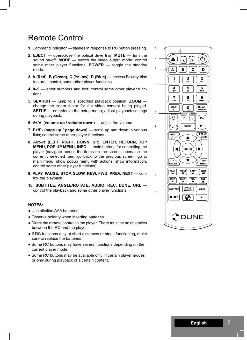 Remote control | DUNE HD Smart B1 User Manual | Page 7 / 76