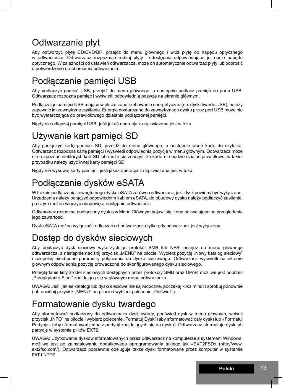 Odtwarzanie płyt, Podłączanie pamięci usb, Używanie kart pamięci sd | Podłączanie dysków esata, Dostęp do dysków sieciowych, Formatowanie dysku twardego | DUNE HD Smart B1 User Manual | Page 73 / 76