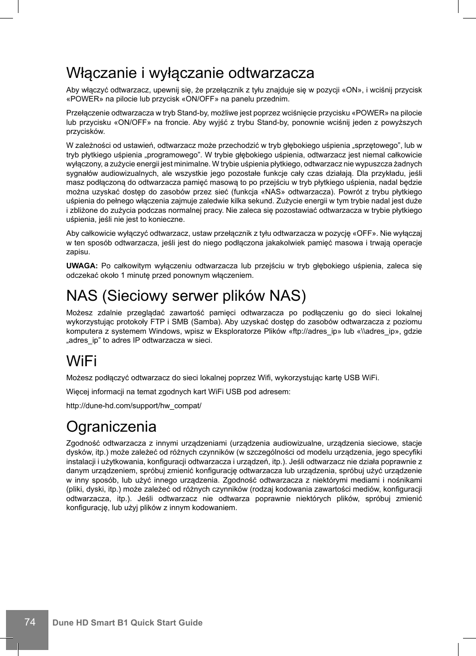 Włączanie i wyłączanie odtwarzacza, Nas (sieciowy serwer plików nas), Wifi | Ograniczenia | DUNE HD Smart B1 User Manual | Page 74 / 76