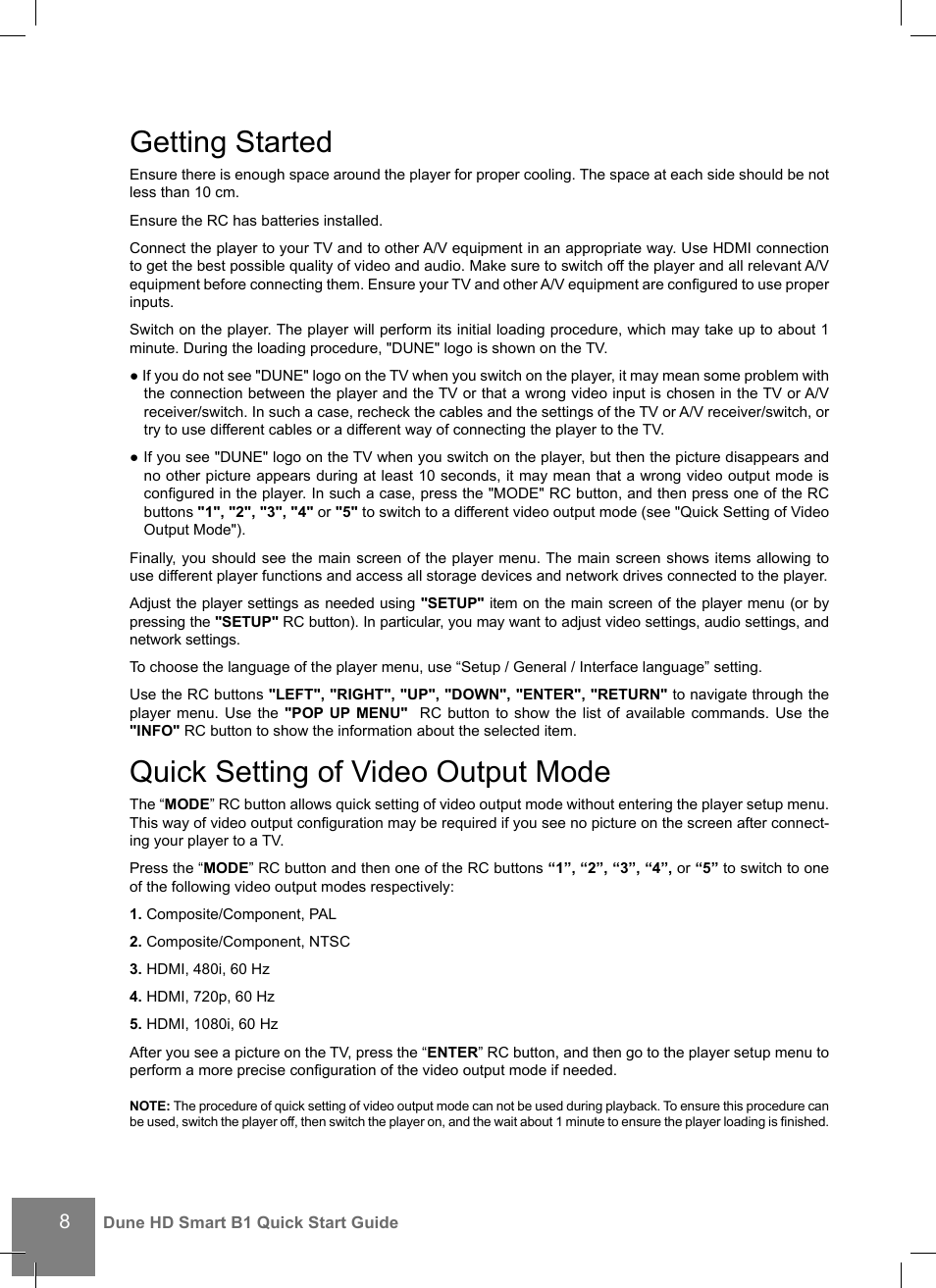 Getting started, Quick setting of video output mode | DUNE HD Smart B1 User Manual | Page 8 / 76