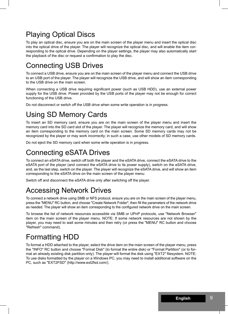 Playing optical discs, Connecting usb drives, Connecting esata drives | Accessing network drives, Formatting hdd | DUNE HD Smart B1 User Manual | Page 9 / 76