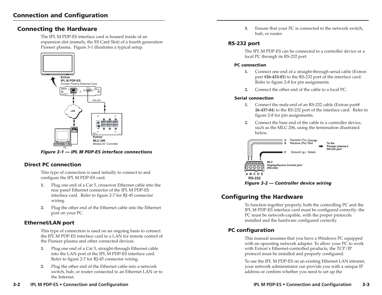 Connection and configuration, Configuring the hardware, Connecting the hardware | Reset, Mlc 206 display power volume max/ min, Rs-232 port, Pc configuration, Direct pc connection, Ethernet/lan port | Extron Electronics IPL M PDP-ES User Guide User Manual | Page 12 / 36