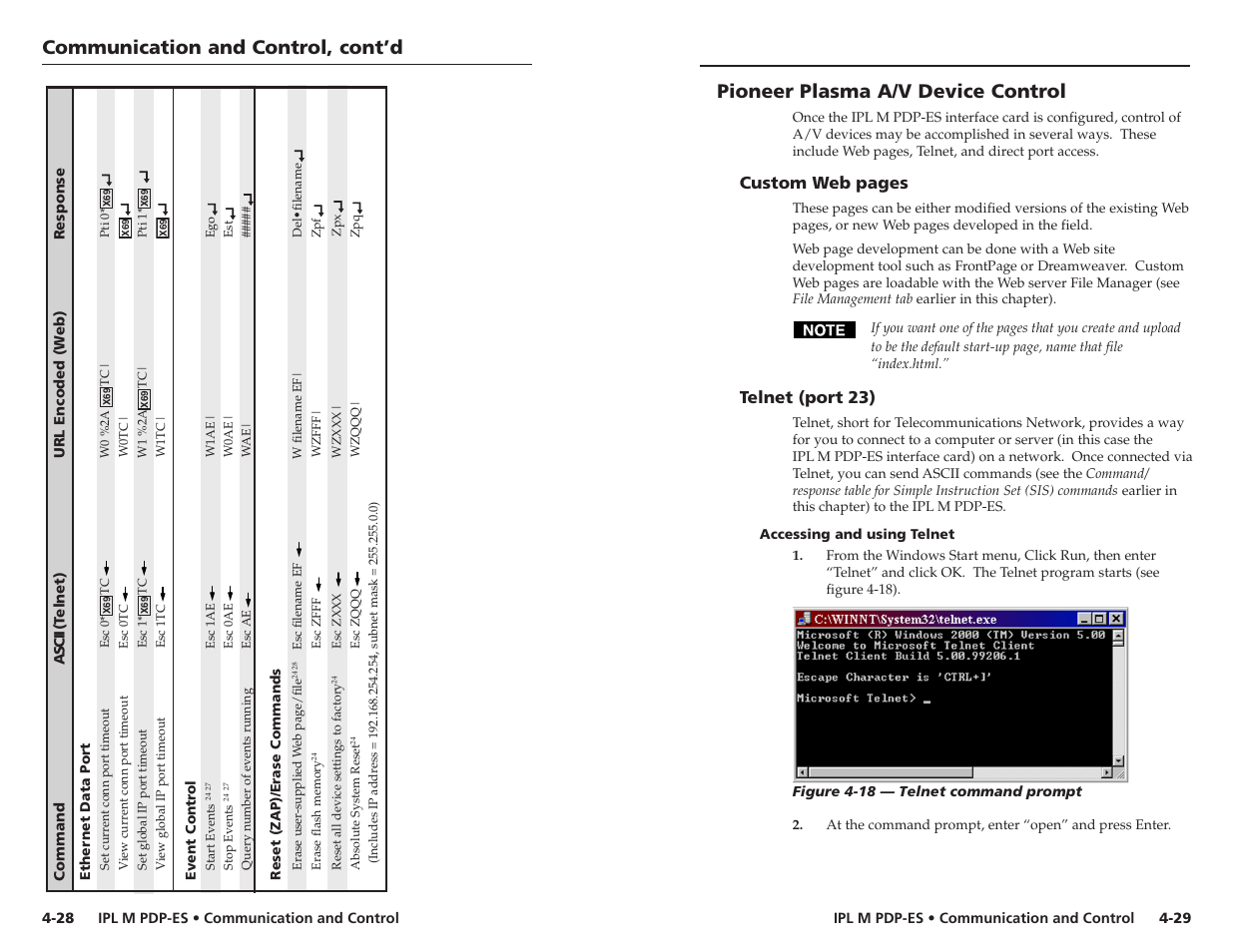 Communication and control, cont’d, Pioneer plasma a/v device control, Custom web pages | Telnet (port 23) | Extron Electronics IPL M PDP-ES User Guide User Manual | Page 29 / 36